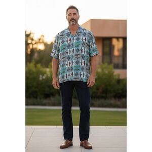 Campia Moda Button Up Shirt Large Blue Fish Geometric Rayon Resort Tropical Mens